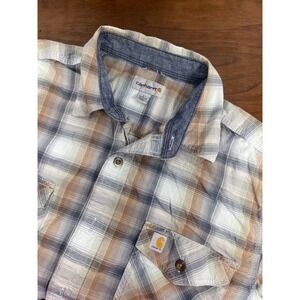 Carhartt Shirt Mens LG Loose Fit Midweight Short Sleeve Plaid Grey Workwear EUC
